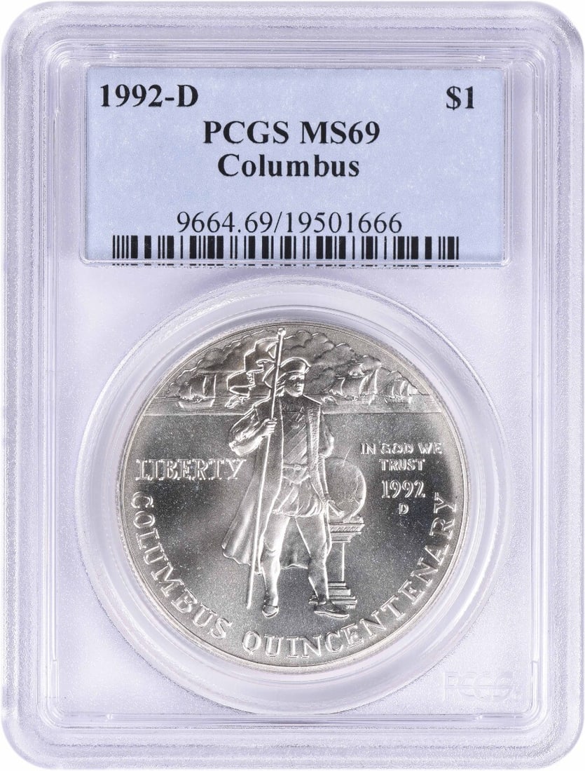 PCGS 1992-D Columbus Commemorative Silver Dollar MS69: PCGS 1992-D Columbus Commemorative Silver Dollar MS69 The PCGS MS69 1992-D Columbus Commemorative Silver Dollar is a stunning tribute to the explorer who opened the New World to European settlers. Wit