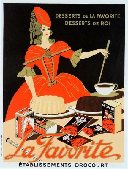 C1930 French Poster La Favorite Chocolat Dessert: C1930 French Poster La Favorite Chocolat Dessert Add a touch of vintage charm to your home with this stunning 1930 French poster, La Favorite Chocolat Dessert. Created in the elegant style of the earl