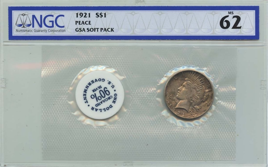 1921 Peace Dollar High Relief, GSA Soft Pack, $1 NGC MS62: 1921 Peace Dollar High Relief, GSA Soft Pack, $1 NGC MS62 Get your hands on a rare 1921 Peace Dollar High Relief, certified by the NGC and graded MS62. This uncirculated coin is part of a GSA soft pac