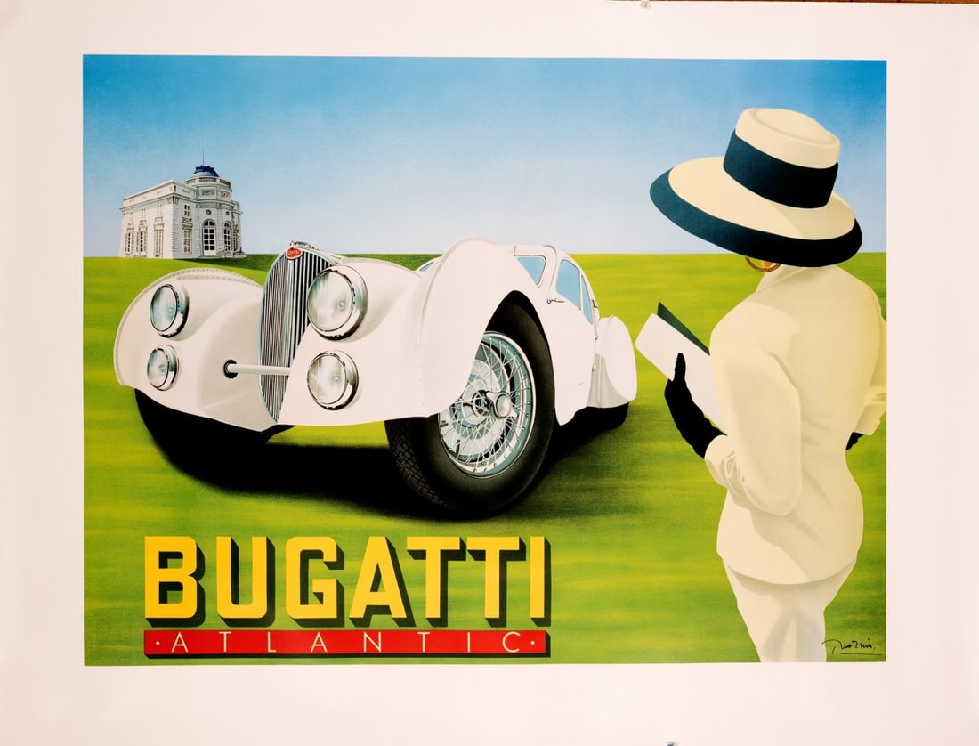 Bugatti Type 57 Atlantic Hand-Signed Poster: Bugatti Type 57 Atlantic Hand-Signed Poster Experience the elegance of Bugatti's racing heritage with this stunning, hand-signed poster by renowned artist Razzia, created in 1990. Measuring 39 inches