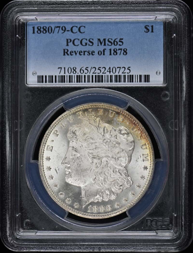 MS65 1880/ 79-CC $1 Reverse of 1878 Morgan Dollar PCGS: MS65 1880/ 79-CC $1 Reverse of 1878 Morgan Dollar PCGS A rare and stunning example of American numismatic history, this MS65 1880/79-CC $1 Reverse of 1878 Morgan Dollar is certified by PCGS as one of