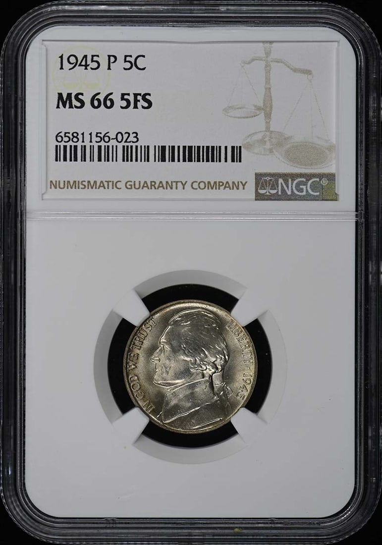 MS665FS 1945 Jefferson Nickel 5C NGC: MS665FS 1945 Jefferson Nickel 5C NGC A stunning example of American numismatic art, this 1945 MS66 Jefferson Nickel boasts exceptional grade and luster, certified by the renowned NGC. As one of the