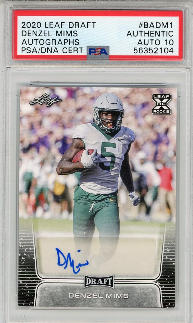 (PSA) Denzel Mims Autographed 2020 Leaf Draft Rookie Card: (PSA) Denzel Mims Autographed 2020 Leaf Draft Rookie Card Get ready to showcase your collection with the ultimate Denzel Mims rookie card! This PSA-Authentic, Gem Mint 10 graded autographed card is a
