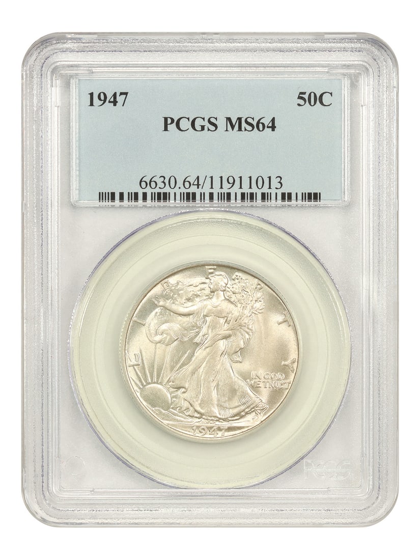 Walking Liberty Half Dollar (1947) MS64 PCGS: Walking Liberty Half Dollar (1947) MS64 PCGS A stunning example of American numismatics, this 1947 Walking Liberty Half Dollar is certified MS64 by PCGS and showcases exceptional detail in its Mint St