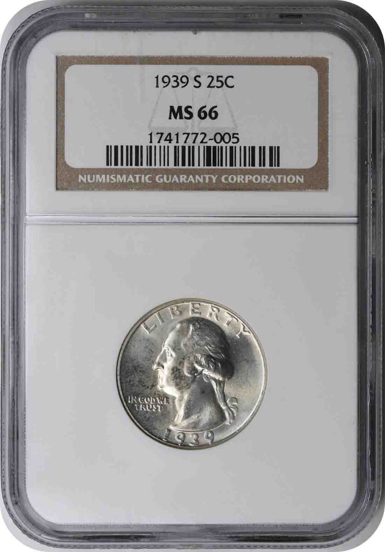 1939-S Washington Quarter MS66 NGC: 1939-S Washington Quarter MS66 NGC A rare gem from the dawn of American coinage, this 1939-S Washington Quarter boasts a stunning MS66 grade from the NGC, indicating exceptional condition and luster.