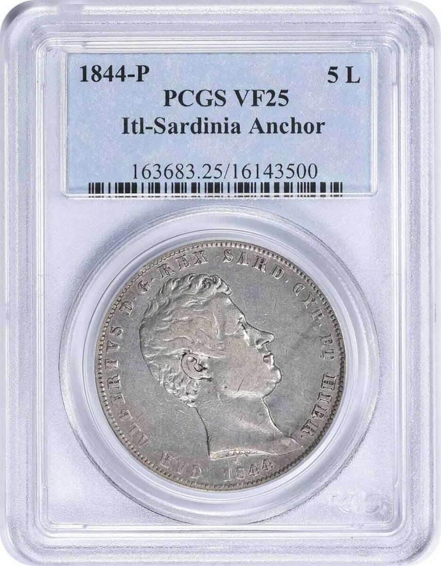 Sardinia 5 Lire 1844-P Anchor VF25 PCGS: Sardinia 5 Lire 1844-P Anchor VF25 PCGS Experience the rich history of Sardinia with this rare 1844-P Anchor coin, certified by PCGS as VF25. Issued in Italy, this anchor design is a unique and