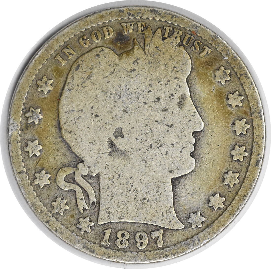 Uncertified 1897-S Barber Silver Quarter G: Uncertified 1897-S Barber Silver Quarter G Get your hands on a rare and beautiful piece of American history - the 1897-S Barber Silver Quarter G, certified as circulated but with its unique