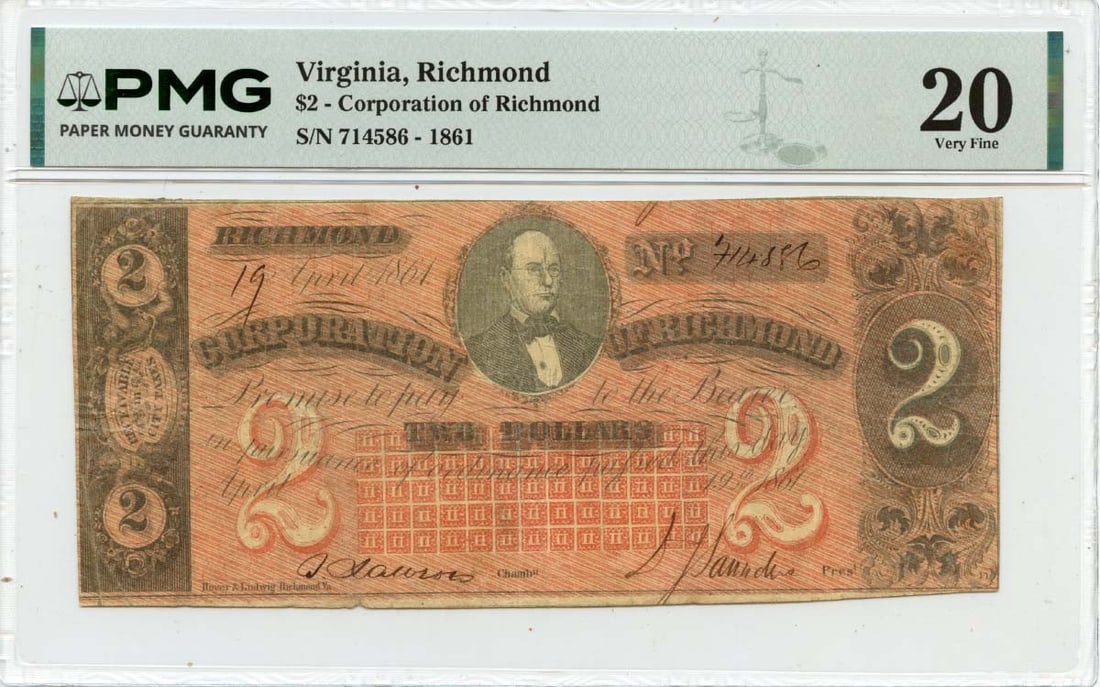 Virginia Obsolete Note Corporation of Richmond PMG VF20 - 1861 $2 Richmond: Virginia Obsolete Note Corporation of Richmond PMG VF20 - 1861 $2 Richmond A rare and historic $2 Richmond note from 1861, certified by PMG as VF20, is up for auction. This circulated example offers a