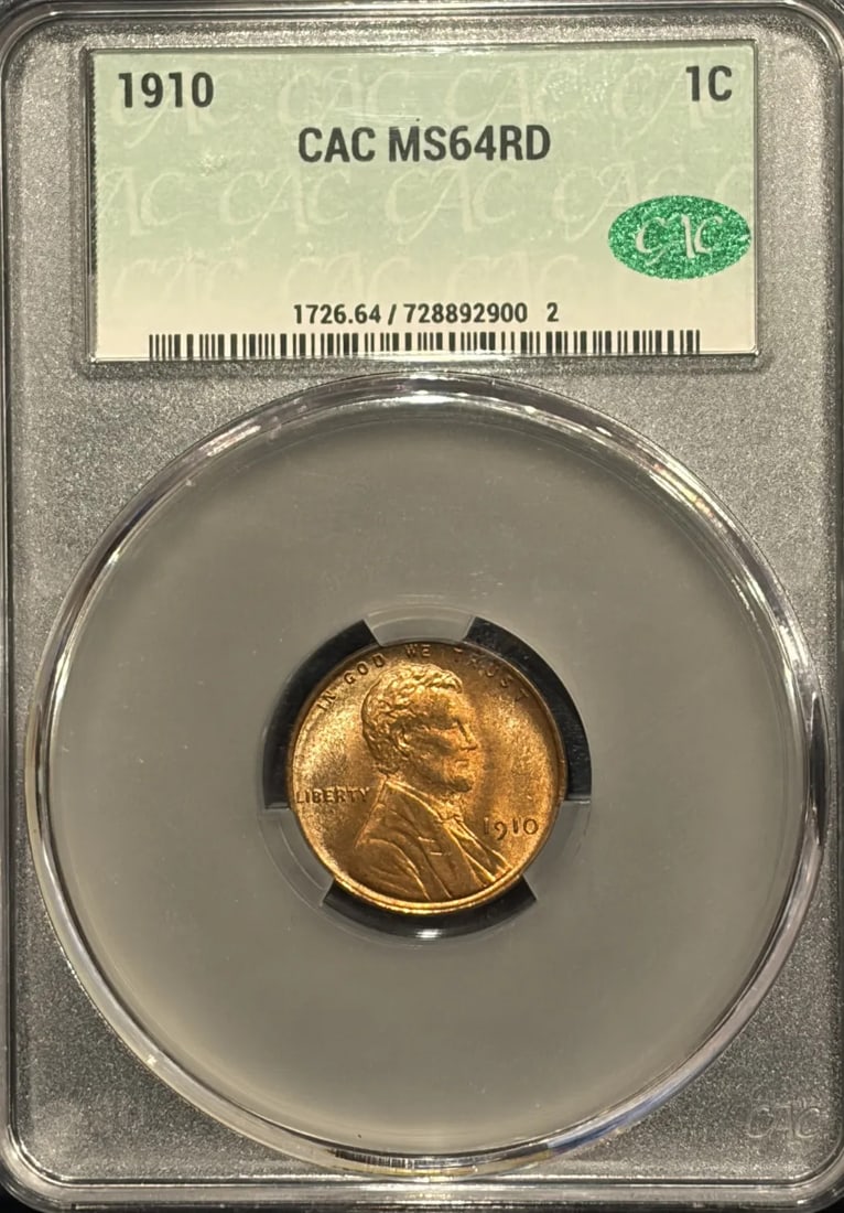 1910 Lincoln Cent (CACG) MS64RD: 1910 Lincoln Cent (CACG) MS64RD A rare and highly sought-after 1910 Lincoln Cent, graded MS64RD by CAC, boasts stunning condition and historical significance. This beautifully preserved copper coin is