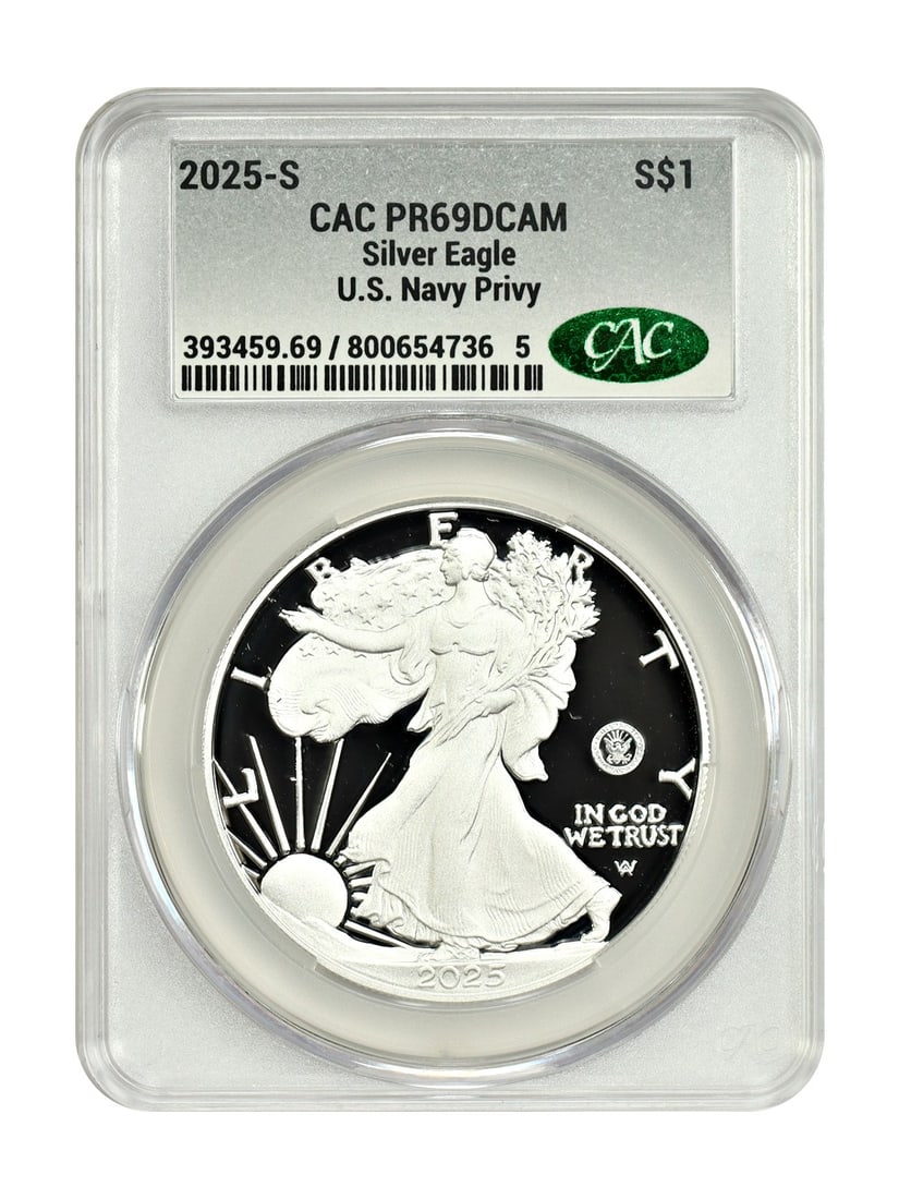 2025-S $1 Navy Privy Silver Eagle PR69DCAM CACG: 2025-S $1 Navy Privy Silver Eagle PR69DCAM CACG Experience the beauty of the 2025-S $1 Navy Privy Silver Eagle, certified by CACG as PR69DCAM CACG. This stunning coin boasts a striking design and exce