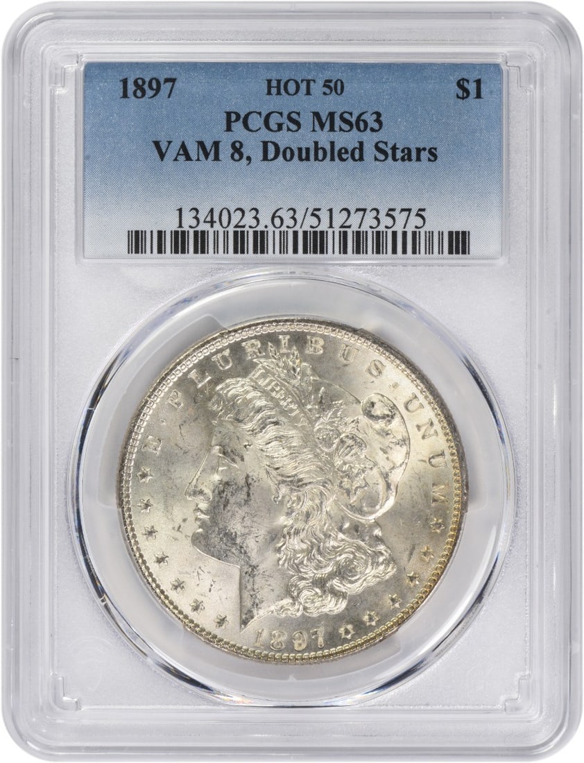 1897 VAM 8 Morgan Silver Dollar with Double Stars MS63 PCGS: 1897 VAM 8 Morgan Silver Dollar with Double Stars MS63 PCGS Experience the majesty of the 1897 VAM 8 Morgan Silver Dollar, certified MS63 by PCGS and boasting an impressive double star design that set