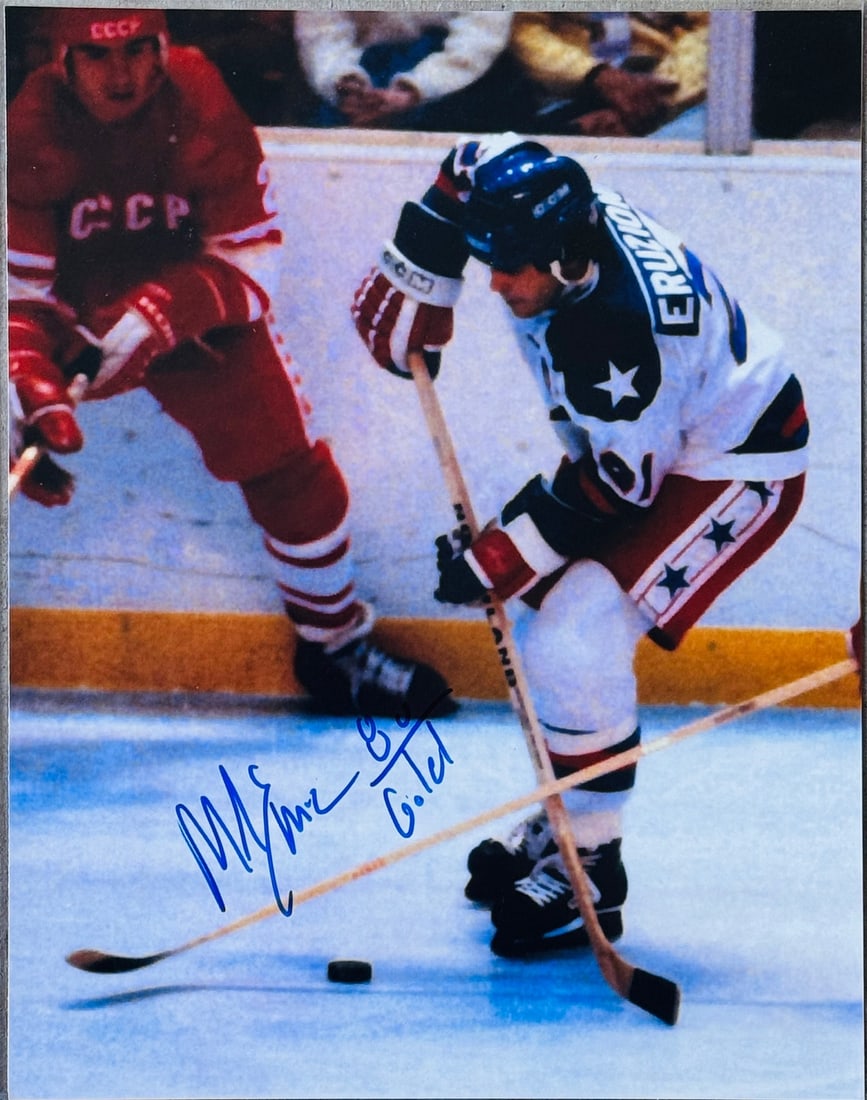 Photo Mike Eruzione Autographed 11x14 Hockey: Photo Mike Eruzione Autographed 11x14 Hockey Meet the ultimate hockey memorabilia for any fan of the 1980 US Olympic team! This autographed photo, signed by Mike Eruzione in blue sharpie with his