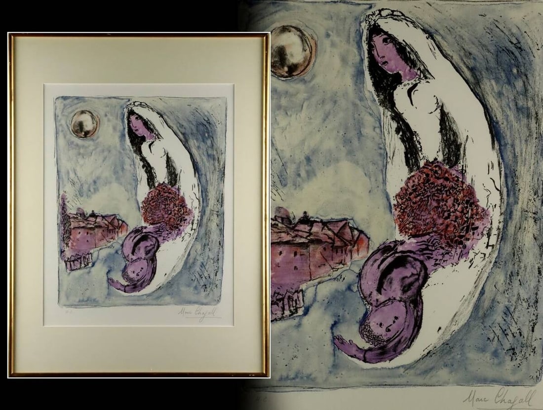 Marc Chagall "The Bride" Lithograph, H.C. Autographed, Framed: Marc Chagall "The Bride" Lithograph, H.C. Autographed, Framed Own a piece of art history with Marc Chagall's iconic lithograph, "The Bride", which boasts the artist's signature H.C. autograph. This