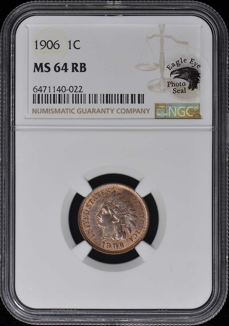 1906 Bronze Indian Cent (NGC MS64RB) - Eagle Eye: 1906 Bronze Indian Cent (NGC MS64RB) - Eagle Eye Experience the majesty of the 1906 Bronze Indian Cent, certified by NGC as MS64RB. With its striking RB design and exceptional condition, this coin is