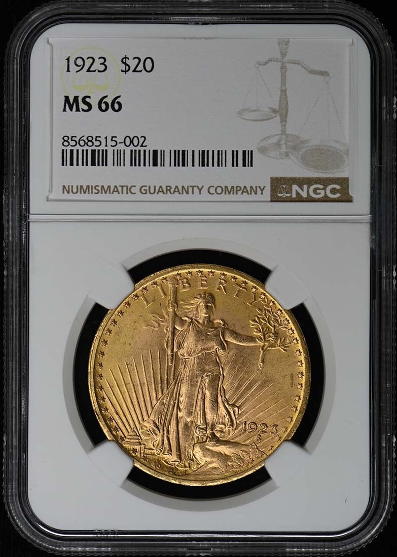 Saint-Gaudens $20 (NGC MS66): Saint-Gaudens $20 (NGC MS66) Experience the majesty of American coinage with this stunning Saint-Gaudens $20, certified MS66 by the Numismatic Guaranty Corporation (NGC). Minted in 1923 and graded unc