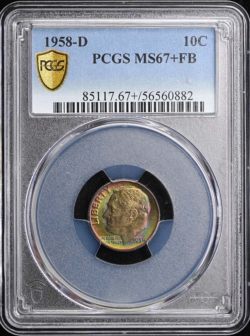 1958-D Roosevelt Dime PCGS MS67+FB: 1958-D Roosevelt Dime PCGS MS67+FB Experience the beauty of a 1958-D Roosevelt Dime, certified by PCGS as MS67+, with a stunning FB designation that sets it apart from other circulated coins. This