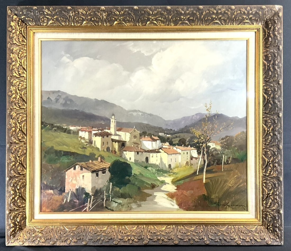 Art Gino Campari Italian Village Landscape Oil Painting 20F Large Framed: Art Gino Campari Italian Village Landscape Oil Painting 20F Large Framed Experience the charm of Italy with Gino Campari's breathtaking oil painting, "Italian Village Landscape", a one-of-a-kind maste