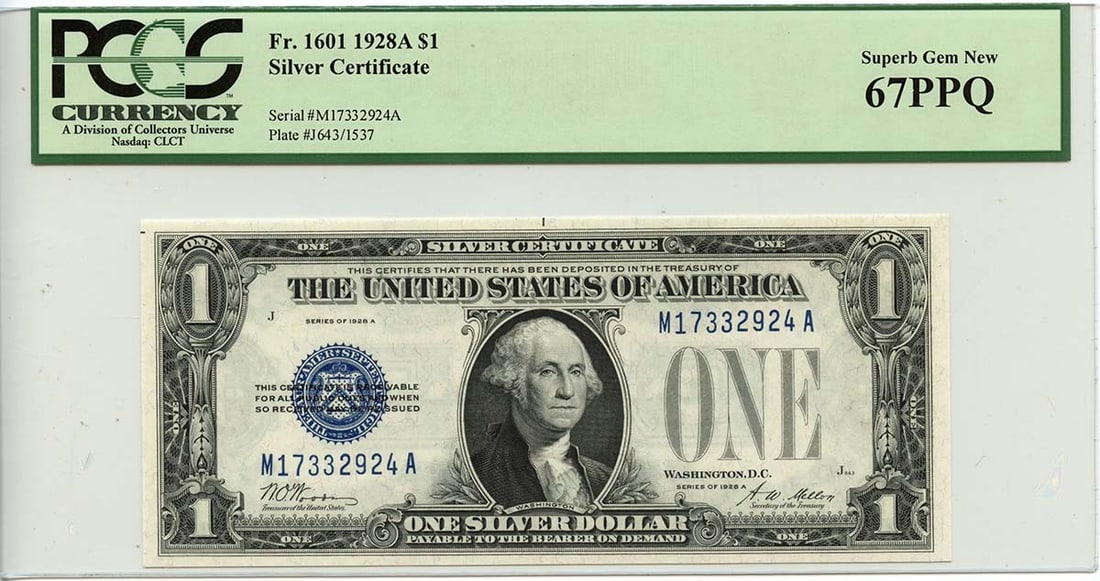 PPQ 1928A $1 Silver Certificate Blue Woods Mellon Fr# 1601 PCGS SUPERB GEM 67: PPQ 1928A $1 Silver Certificate Blue Woods Mellon Fr# 1601 PCGS SUPERB GEM 67 A stunning example of American currency, this 1928 $1 Silver Certificate is certified by PCGS as MS67, one of the highest