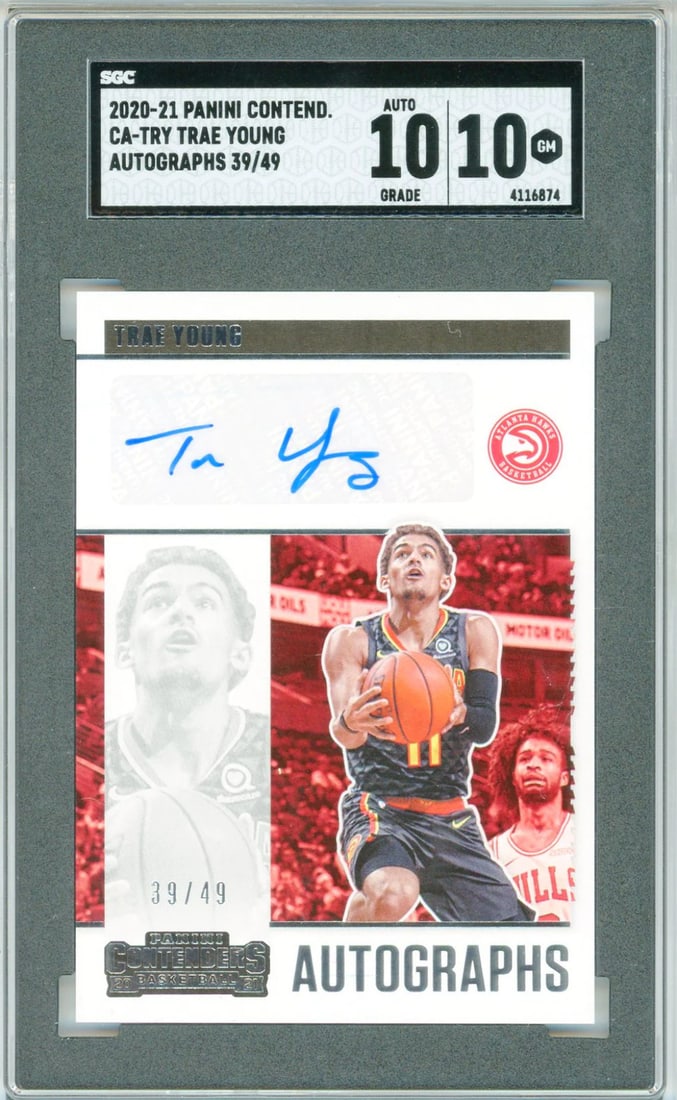Trae Young Autographed 2020-21 Panini Contenders Card #CA-TRY (SGC): Trae Young Autographed 2020-21 Panini Contenders Card #CA-TRY (SGC) Get ready to showcase your NBA fandom with the Trae Young Autographed 2020-21 Panini Contenders Card #CA-TRY, graded by SGC as a Min
