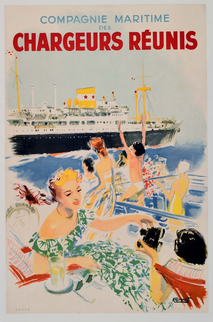 French Travel Poster Albert Brenot 1950 Vintage Original Ship Chargeurs: French Travel Poster Albert Brenot 1950 Vintage Original Ship Chargeurs Experience the iconic style of French travel posters from the 1950s with this vintage original by Albert Brenot, titled