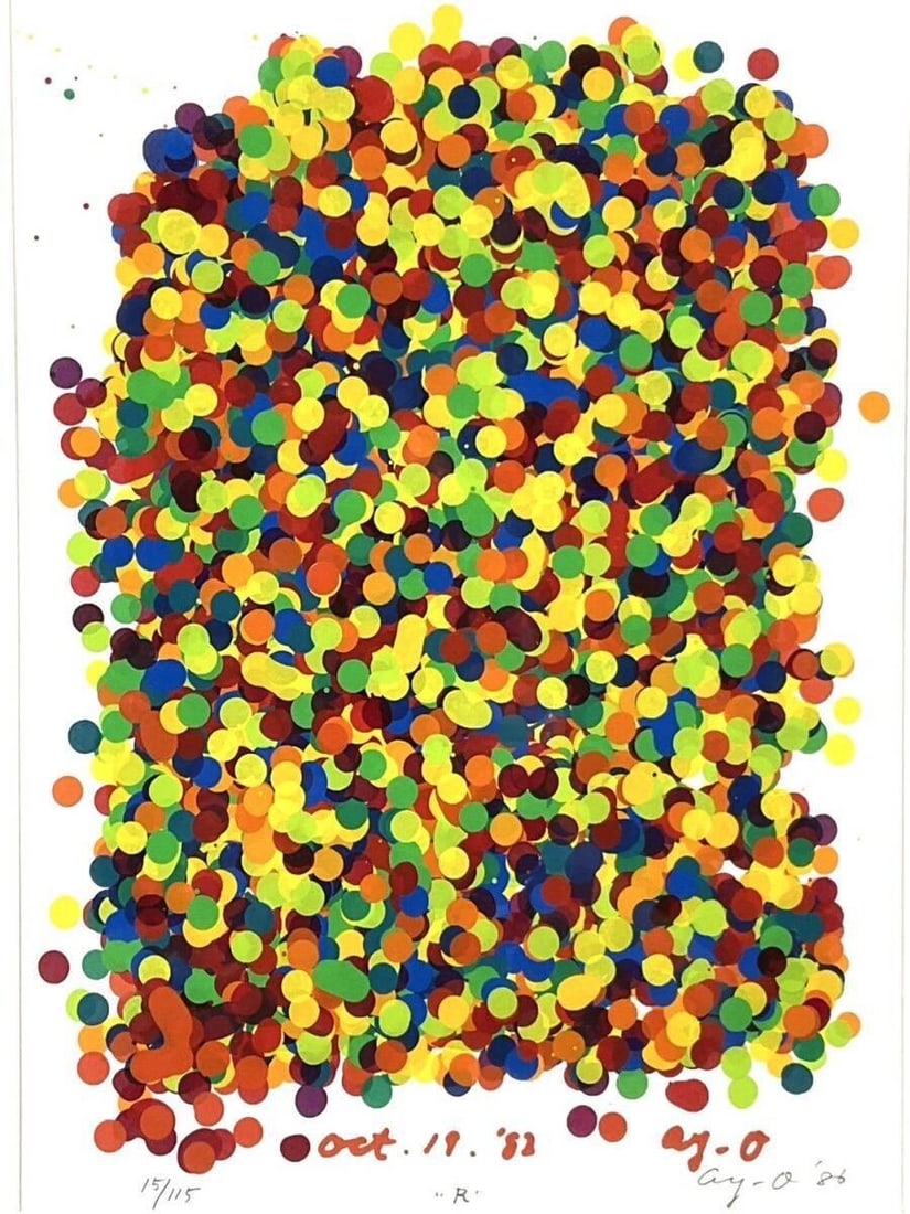 Framed Ay-O "'R'" Silkscreen Edition Autographed: Framed Ay-O "'R'" Silkscreen Edition Autographed Experience the vibrant art of Ay-O, a renowned Japanese artist known for his bold silkscreen prints. This framed piece is an original, hand-printed