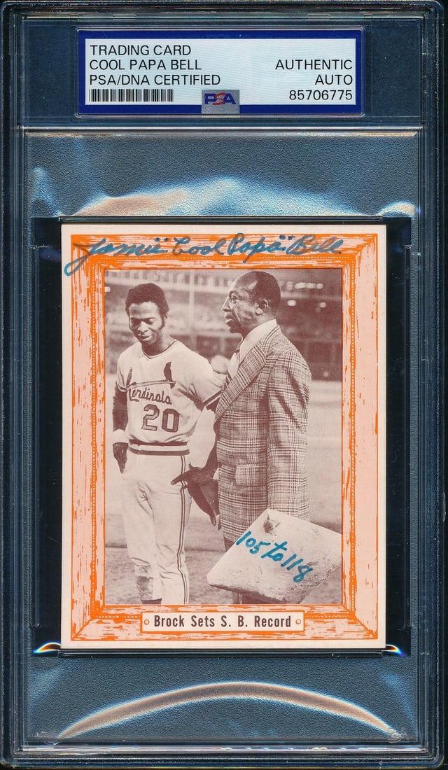 James Cool Papa Bell Signed 1976 Douglas/ Bell Brock Sets SB Record Card (PSA/ DNA2): James Cool Papa Bell Signed 1976 Douglas/ Bell Brock Sets SB Record Card (PSA/ DNA2) Get ready to relive the excitement of baseball history with the James Cool Papa Bell signed 1976 Douglas/Bell Brock