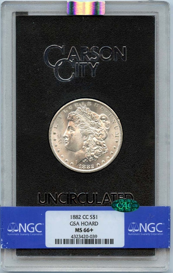 GSA Hoard 1882-CC Morgan Dollar CAC MS66+, $1 NGC: GSA Hoard 1882-CC Morgan Dollar CAC MS66+, $1 NGC Experience the rare beauty of the 1882-CC Morgan Dollar, certified by NGC as MS66+, with a stunning appearance that sets it apart from other coins in
