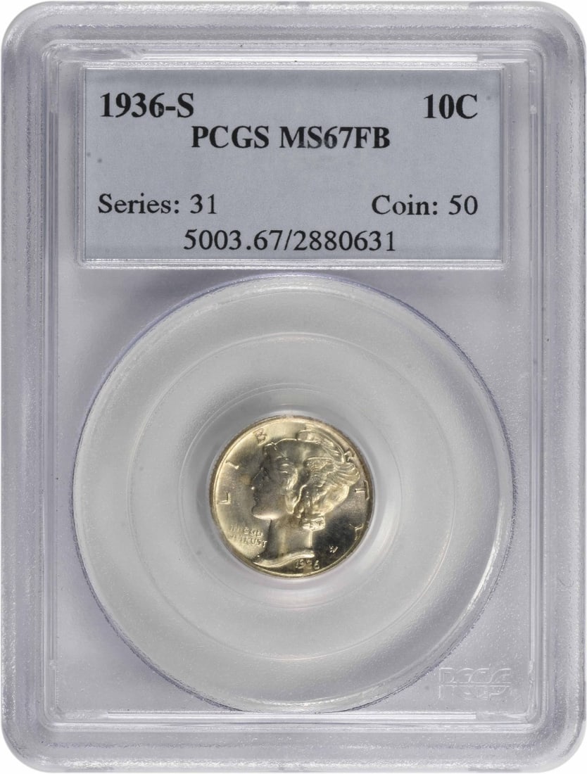 1936-S Mercury Dime MS67FB PCGS: 1936-S Mercury Dime MS67FB PCGS A stunning example of American numismatics, the 1936-S Mercury Dime MS67FB PCGS boasts exceptional condition and rarity, with its frosted finish and vibrant details sho