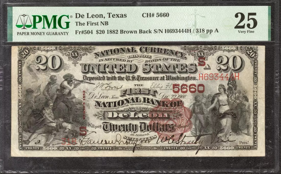 BELOW 1882 $20 FIRST NATIONAL BANK NOTE CURRENCY DE LEON TEXAS PMG VF 25 READ: BELOW 1882 $20 FIRST NATIONAL BANK NOTE CURRENCY DE LEON TEXAS PMG VF 25 READ A rare and highly sought-after $20 First National Bank Note from 1882, graded PMG VF 25 by the leading authority on curren