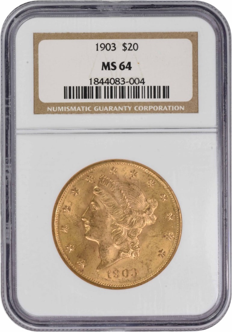 NGC 1903 $20 Gold Liberty Head MS64: NGC 1903 $20 Gold Liberty Head MS64 Experience the majesty of American gold with this stunning NGC-certified $20 Gold Liberty Head MS64, minted in 1903 at the Philadelphia Mint. With its rich history