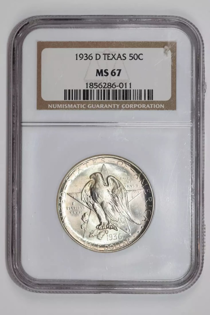 NICER 1936-D TEXAS COMMEMORATIVE HALF DOLLAR NGC MS67 VERY PQ LOOKS: NICER 1936-D TEXAS COMMEMORATIVE HALF DOLLAR NGC MS67 VERY PQ LOOKS A rare and highly sought-after Texas commemorative half dollar, graded MS67 by the NGC, boasts stunning PQ proof-like quality in its
