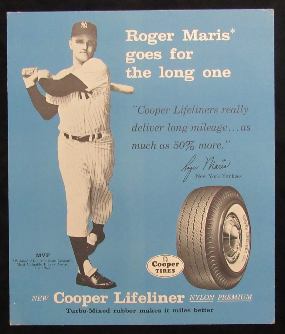 198596 Roger Maris Advertisement Display 17x20 Poster Cooper Tires 1960s Yankees: 198596 Roger Maris Advertisement Display 17x20 Poster Cooper Tires 1960s Yankees Get ready to step up to the plate with this iconic 17x20 poster from Cooper Tires, featuring an original advertisement