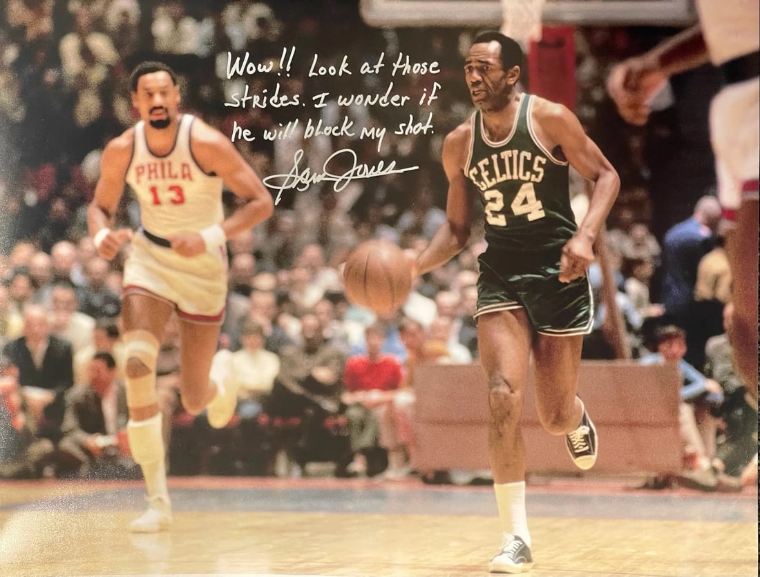 Photo Sam Jones Autographed 16x20 Basketball: Photo Sam Jones Autographed 16x20 Basketball Get ready to own a piece of NBA history with this incredible autographed photo of Sam Jones, the legendary guard who won five championships with the Boston