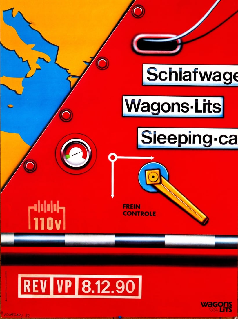 Mint Peter Klasen Wagon Lits Suisse 1990 Serigraph Poster 26.5X35.5: Mint Peter Klasen Wagon Lits Suisse 1990 Serigraph Poster 26.5X35.5 A stunning serigraph poster from 1990, Peter Klasen's 'Wagon Lits' is a vibrant tribute to the iconic Swiss train cars. Printed on h