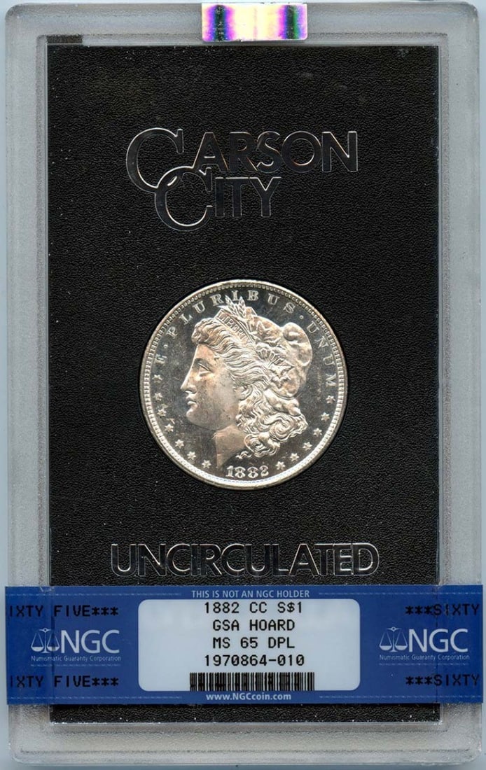 MS65DMPL 1882-CC Morgan Dollar GSA HOARD S$1 NGC: MS65DMPL 1882-CC Morgan Dollar GSA HOARD S$1 NGC Experience the majesty of the 1882-CC Morgan Dollar, certified by NGC and graded MS65DMPL, with its stunning details and rich history. This highly soug