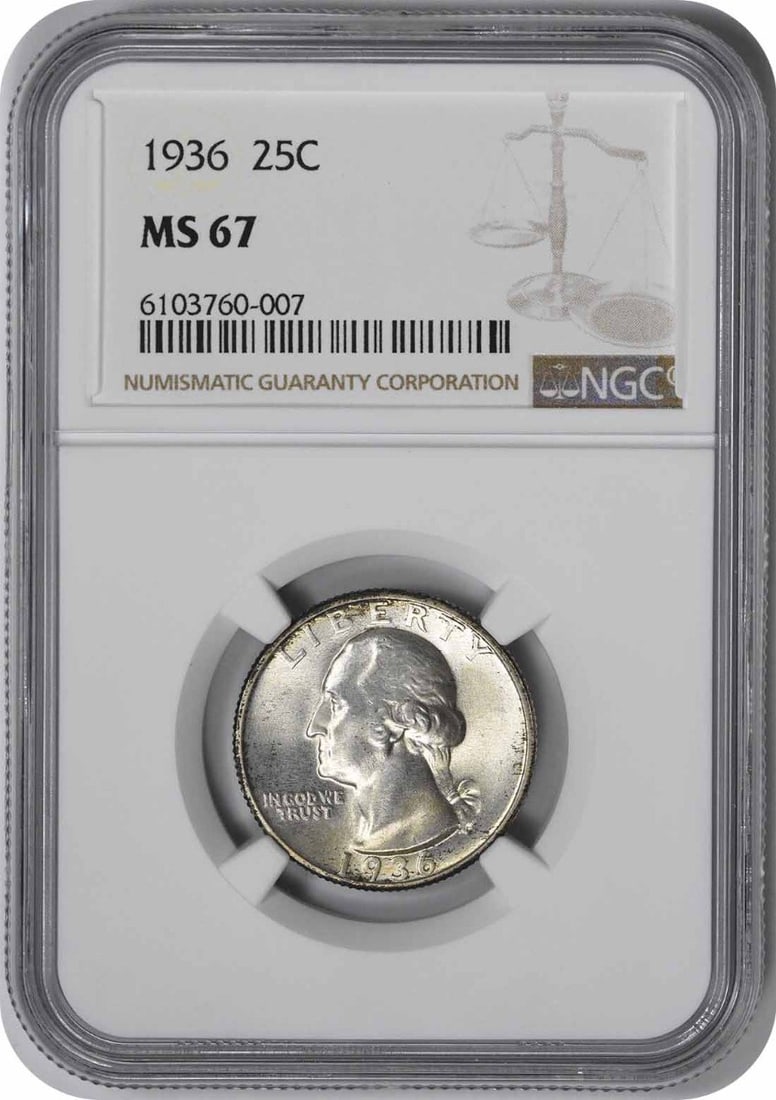 MS67 1936 Washington Quarter - Silver: MS67 1936 Washington Quarter - Silver Experience the rare beauty of America's past with this stunning MS67 1936 Washington Quarter, certified by NGC as uncirculated and boasting an impressive grade