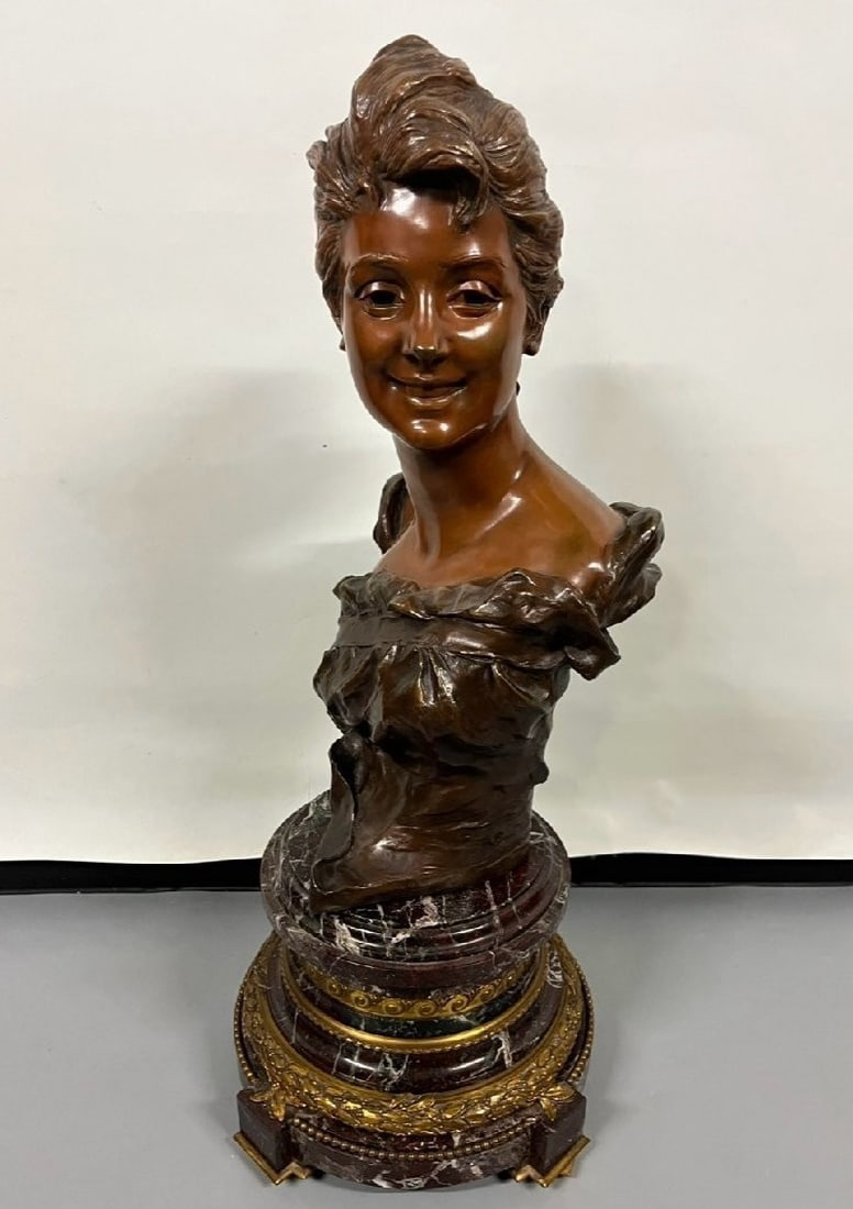 Georges Van der Straeten Bronze Bust Art Nouveau Woman with Marble Base (Paris, 1888) (1 of 10)