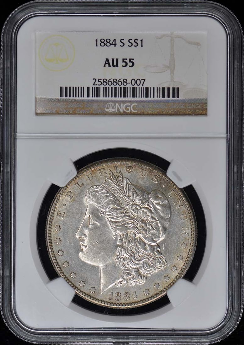 AU55 1884-S Morgan Dollar S$1 NGC: AU55 1884-S Morgan Dollar S$1 NGC Experience the rich history of the American West with this 1884-S Morgan Dollar, graded AU55 by the Numismatic Guaranty Corporation (NGC). Minted in San Francisco