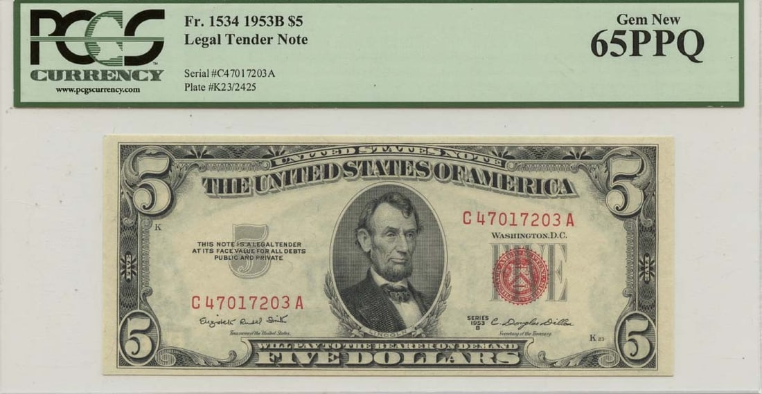 1953B $5 Legal Tender Note (FR#1534) - PCGS Gem 65PPQ: 1953B $5 Legal Tender Note (FR#1534) - PCGS Gem 65PPQ A rare and highly graded 1953B $5 Legal Tender Note, certified by PCGS as MS65 Uncirculated, boasts stunning condition and authenticity. This gem