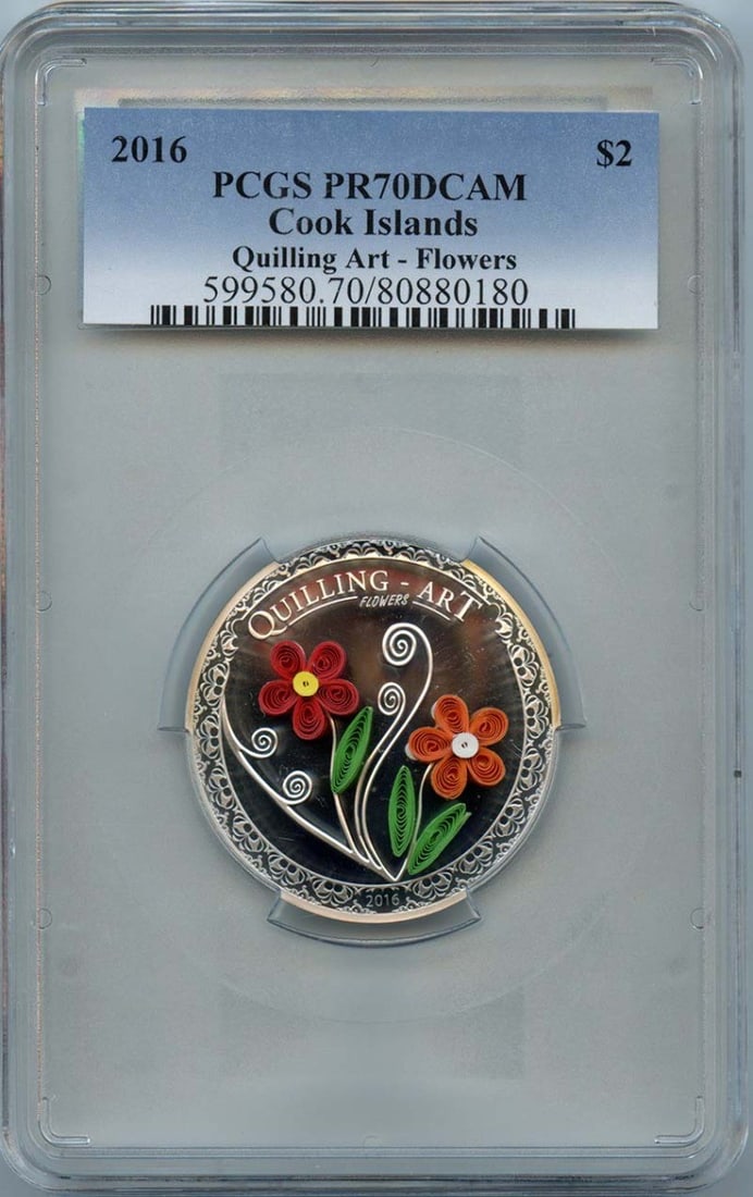 2016 Cook Islands Quilling Art Flowers PCGS PR70CAM: 2016 Cook Islands Quilling Art Flowers PCGS PR70CAM Experience the beauty of the Cook Islands with this stunning 2016 Quilling Art Flowers coin, certified by PCGS as PR70CAM, showcasing exceptional