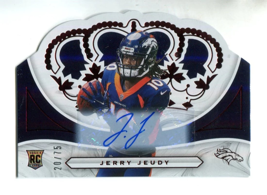 Card Jerry Jeudy 2020 Panini Chronicles Crown Royale #CR-14 (20/ 75 ) Autographed: Card Jerry Jeudy 2020 Panini Chronicles Crown Royale #CR-14 (20/ 75 ) Autographed Get ready to collect with the Crown Royale variant of Jerry Jeudy, one of the most exciting young players in the NFL!