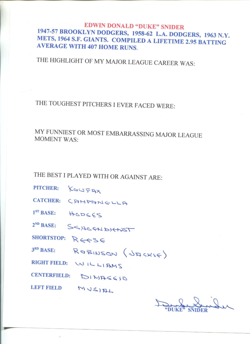 Survey Duke Snider Hand Written: Survey Duke Snider Hand Written Get an authentic glimpse into the life of baseball legend Duke Snider with his handwritten survey, filled out in his own unique style. This rare and unique piece of mem