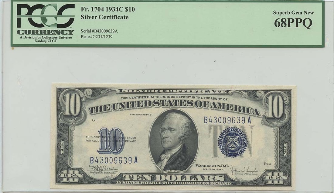 PPQ 1934C $10 Silver Cert FR#1704 PCGS 68 Superb Gem New: PPQ 1934C $10 Silver Cert FR#1704 PCGS 68 Superb Gem New A truly exceptional piece of American currency history, the 1934C $10 Silver Certificate graded MS68 by PCGS showcases stunning condition and r