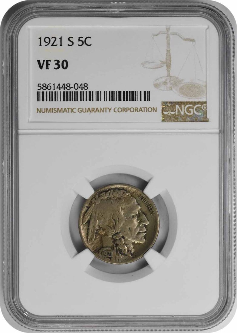 1921-S Buffalo Nickel - VF30 NGC: 1921-S Buffalo Nickel - VF30 NGC Experience the iconic Buffalo Nickel of 1921, certified by NGC as VF30, with a circulated appearance that showcases its rich history. Struck at the San Francisco Mint,
