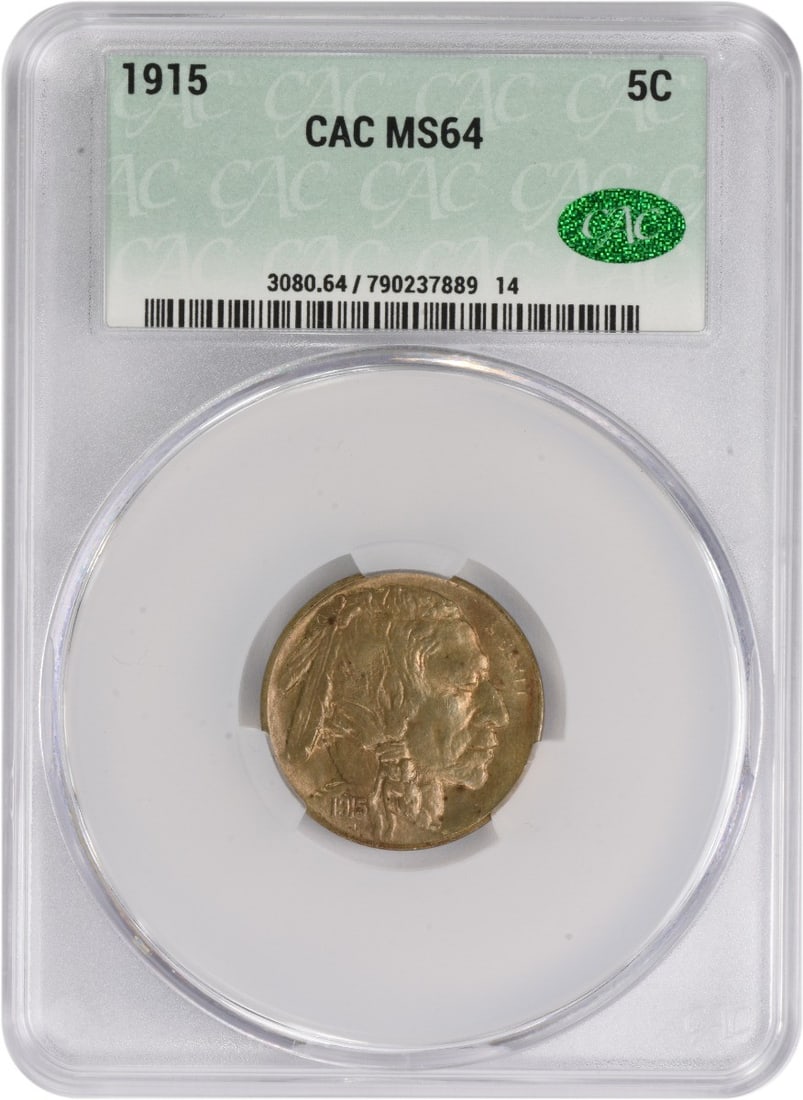 CACG 1915 Buffalo Nickel MS64: CACG 1915 Buffalo Nickel MS64 Experience the iconic Buffalo Nickel, designed by James Earle Fraser, in stunning MS64 condition, with its 75% copper and 25% nickel composition making it a true classic
