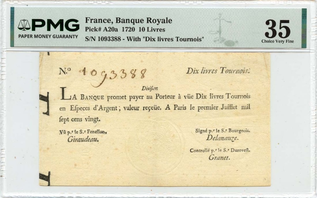 10 Livres La Louisiane Colonial Note Banque Royale France PMG VF35 - 1720 July: 10 Livres La Louisiane Colonial Note Banque Royale France PMG VF35 - 1720 July Experience the rich history of colonial America with this rare 1720 Livre de La Louisiane note, certified by PMG as VF35.