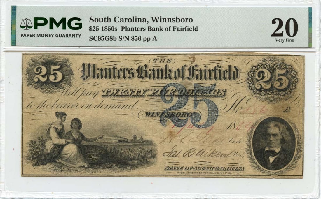 VF20 1854 $25 Winnsboro South Carolina Obsolete Note Planters Bank Fairfield PMG (1 of 1)