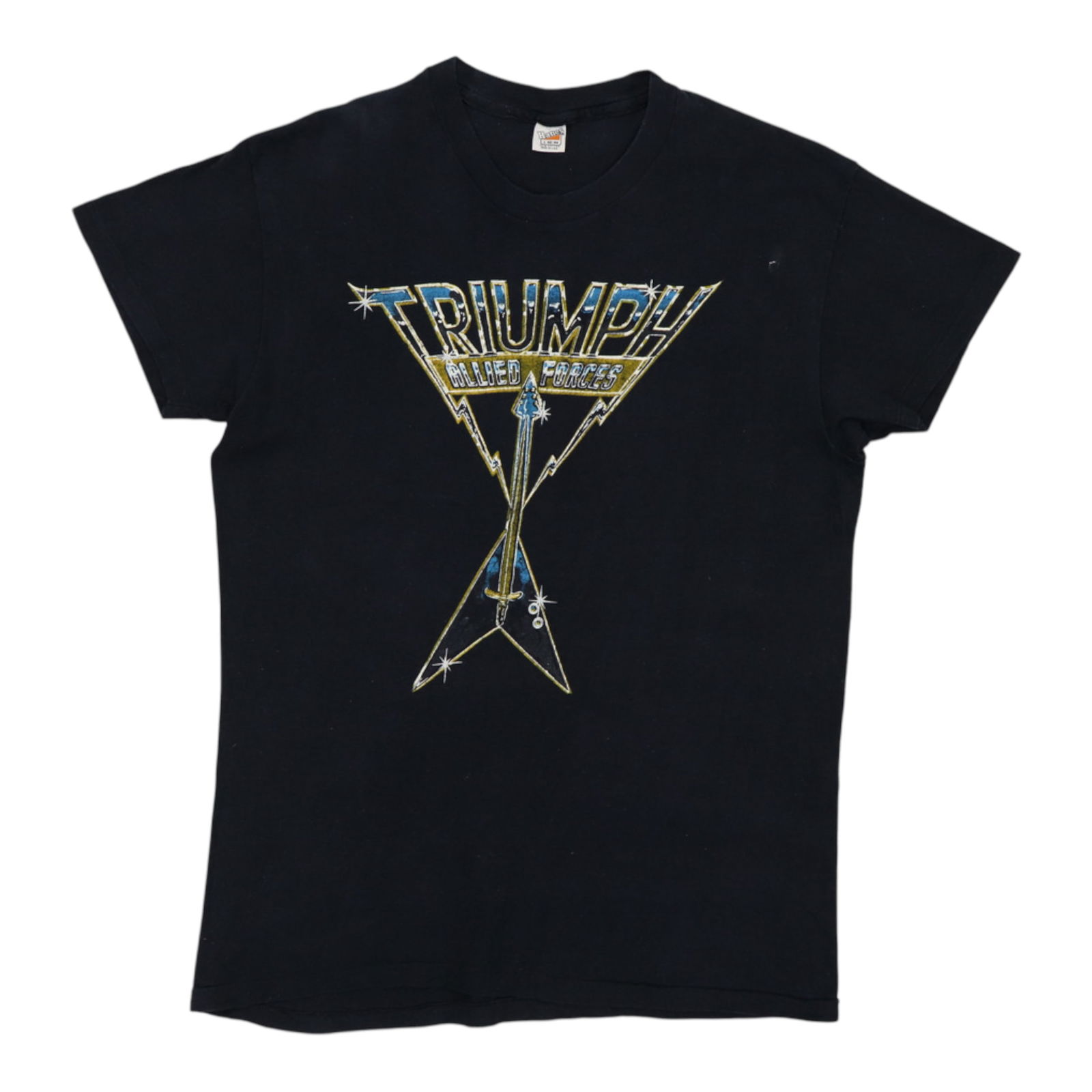 Triumph Allied Forces World Tour Shirt (1981): Triumph Allied Forces World Tour Shirt (1981) Get ready to ride in style with this iconic 1981 Triumph Allied Forces World Tour Shirt, featuring bold front and back graphics that scream nostalgia. Mad