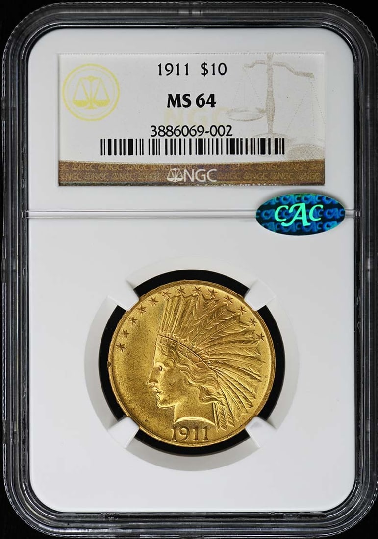 NGC MS64 CAC 1911 Indian $10: NGC MS64 CAC 1911 Indian $10 A rare and highly sought-after 1911 Indian $10 gold coin, graded MS64 by the Numismatic Guaranty Corporation (NGC) with a CAC designation, showcasing exceptional condition