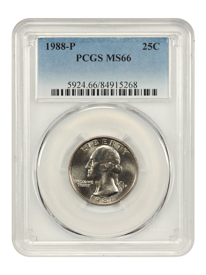 1988 P Washington Quarter PCGS MS66: 1988 P Washington Quarter PCGS MS66 A rare gem from the 1988 Philadelphia Mint, this PCGS MS66 Washington Quarter boasts exceptional condition and stunning luster, making it a true treasure for